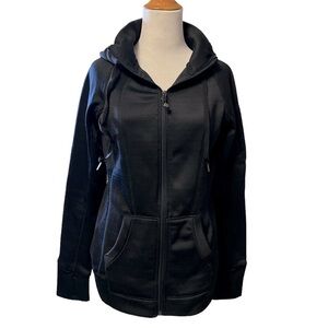 Black fleece lined hooded full zip jacket, heavy weight, thumbholes